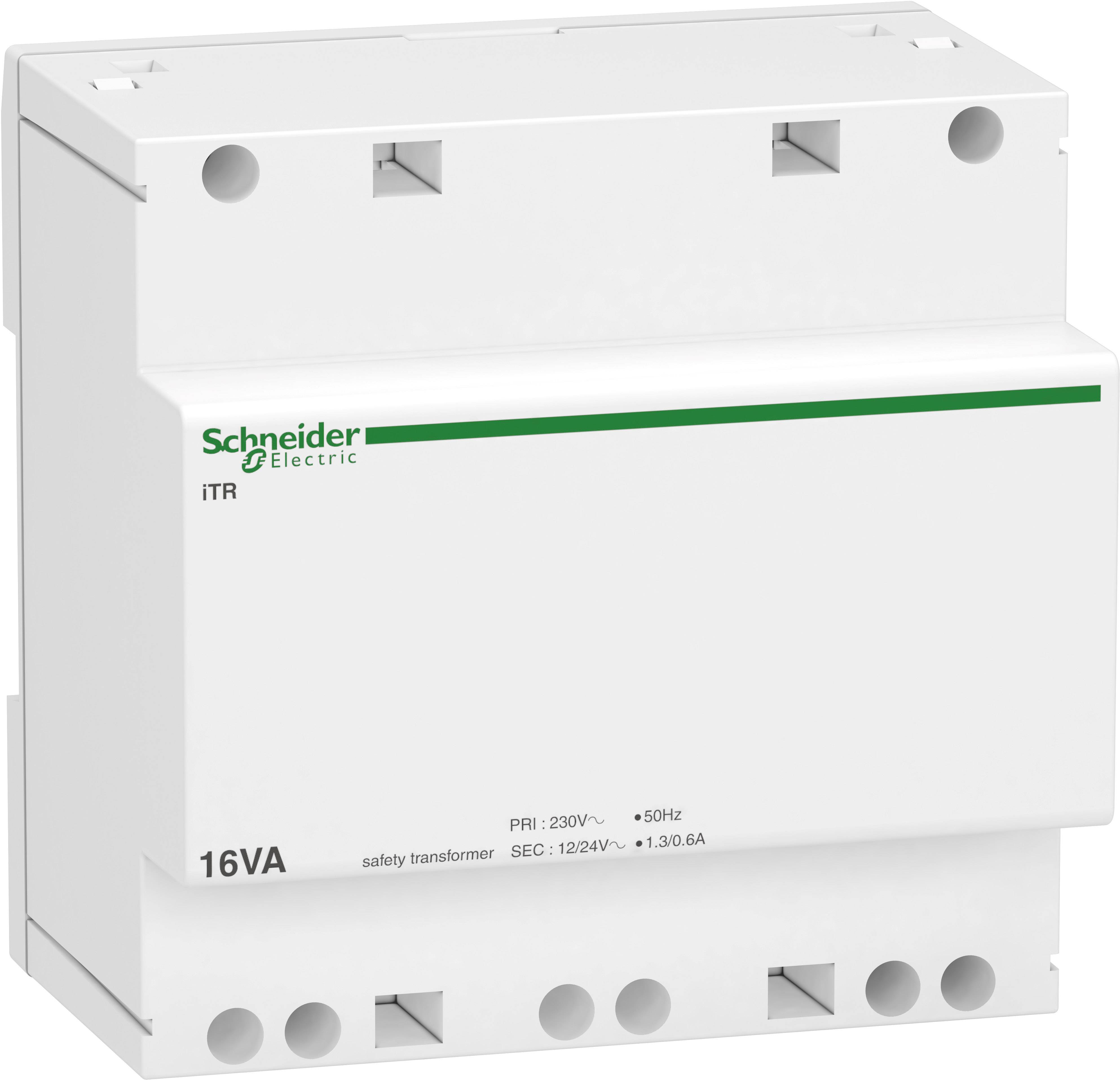 Een witte schakelkastcomponent van Schneider Electric, iTR-serie. Toont technische specificaties voor 16VA, 230V primair en 12/24V secundair.
