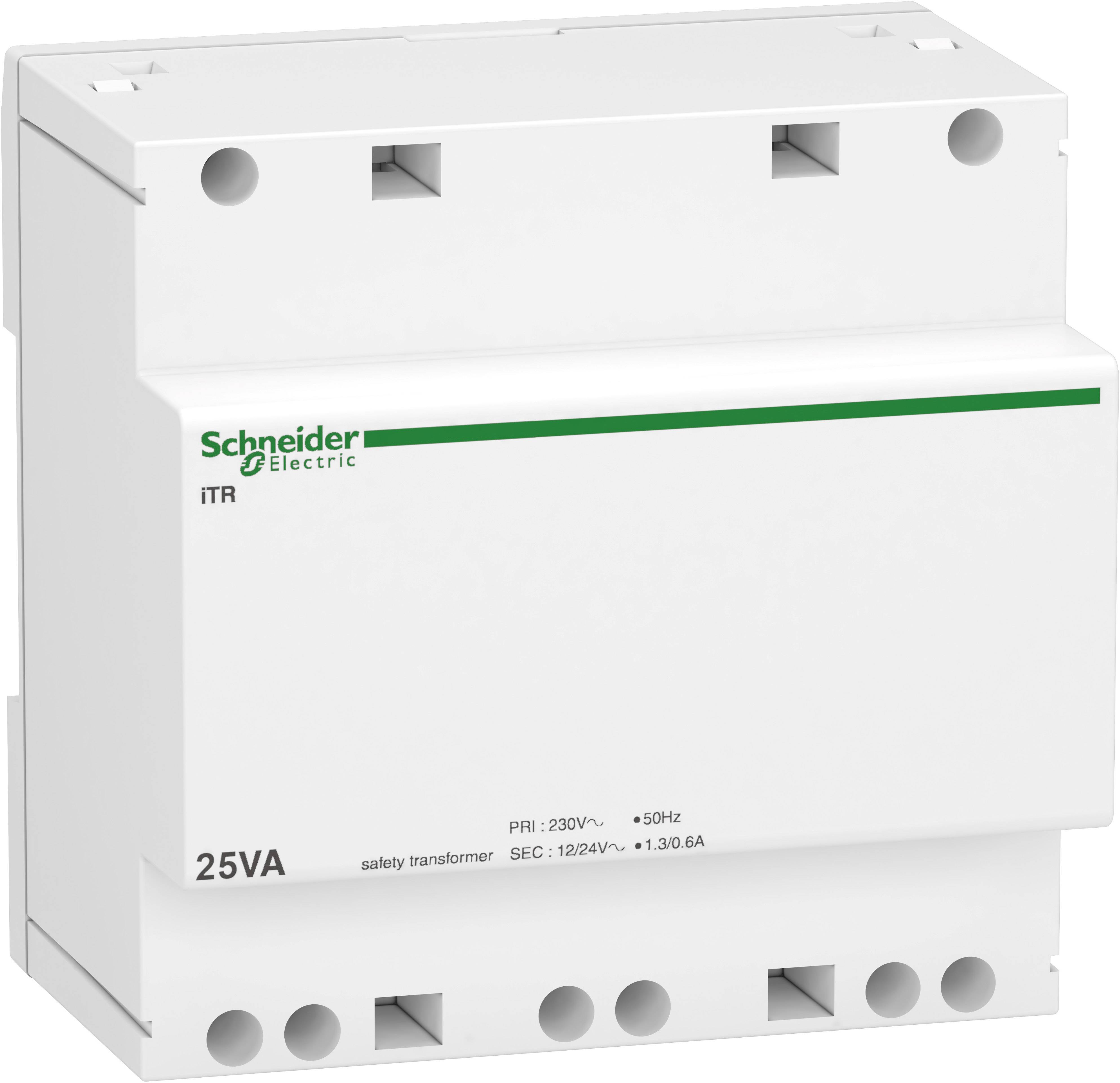 Witte veiligheidstransformator van Schneider Electric met opschrift '25VA', 'PRI: 230V~', '50Hz', geschikt voor elektrische systemen.