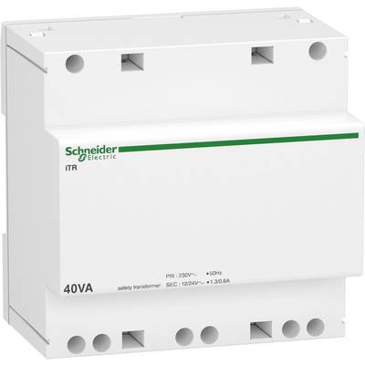Een witte veiligheidstransformator van Schneider Electric met groene opdruk, model 'iTR', met primaire spanning 230V~ en 50Hz, secundaire spanning 12V~.