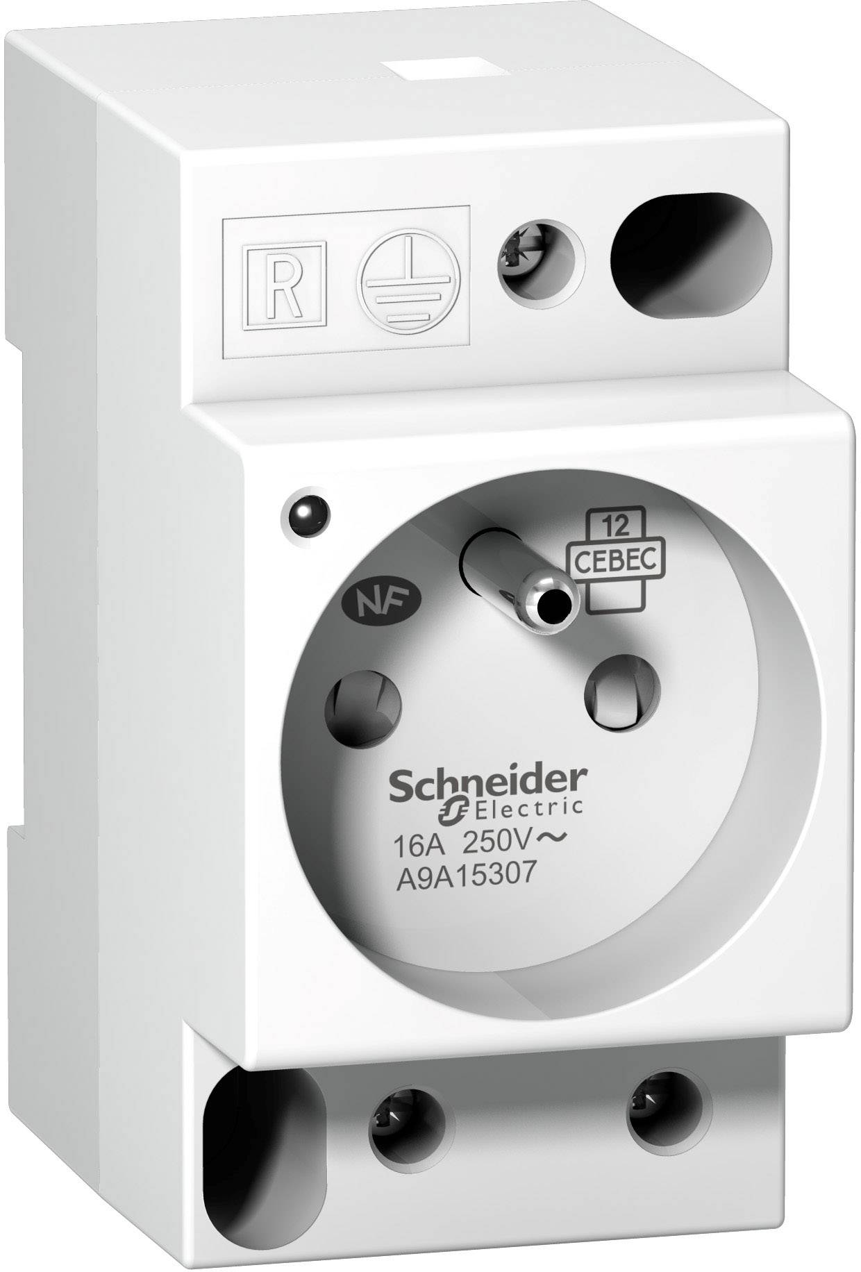 Inzetapparaat van een elektrische beveiligingsvoorziening van Schneider Electric, voor 16A en 250V, met twee ronde aansluitingen en aarding.