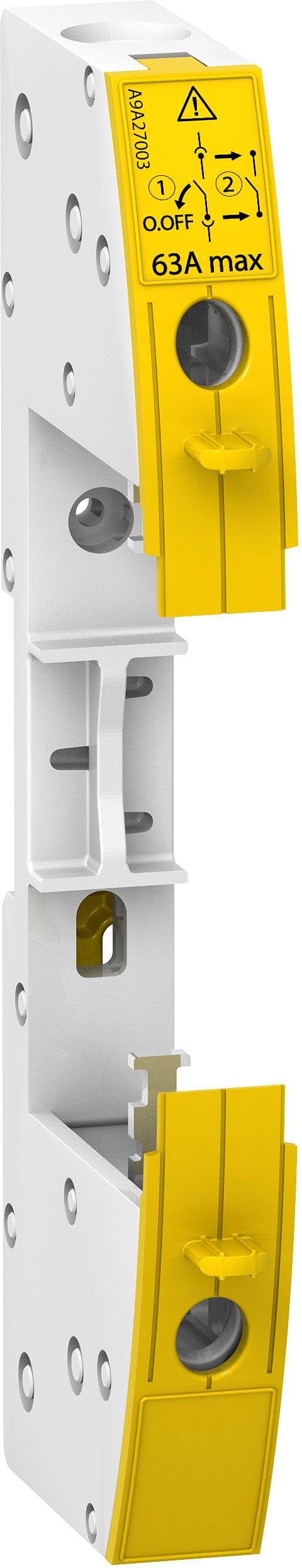 Geel veiligheidsbehuizing met maximaal 63 ampère, bevat schakelaar met In/Uit symbolen. Vervaardigd door Legrand.