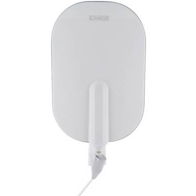 Witte, rechthoekige antenne met afgeronde hoeken, verticaal geplaatst. Een kabel is aangesloten aan de onderkant.