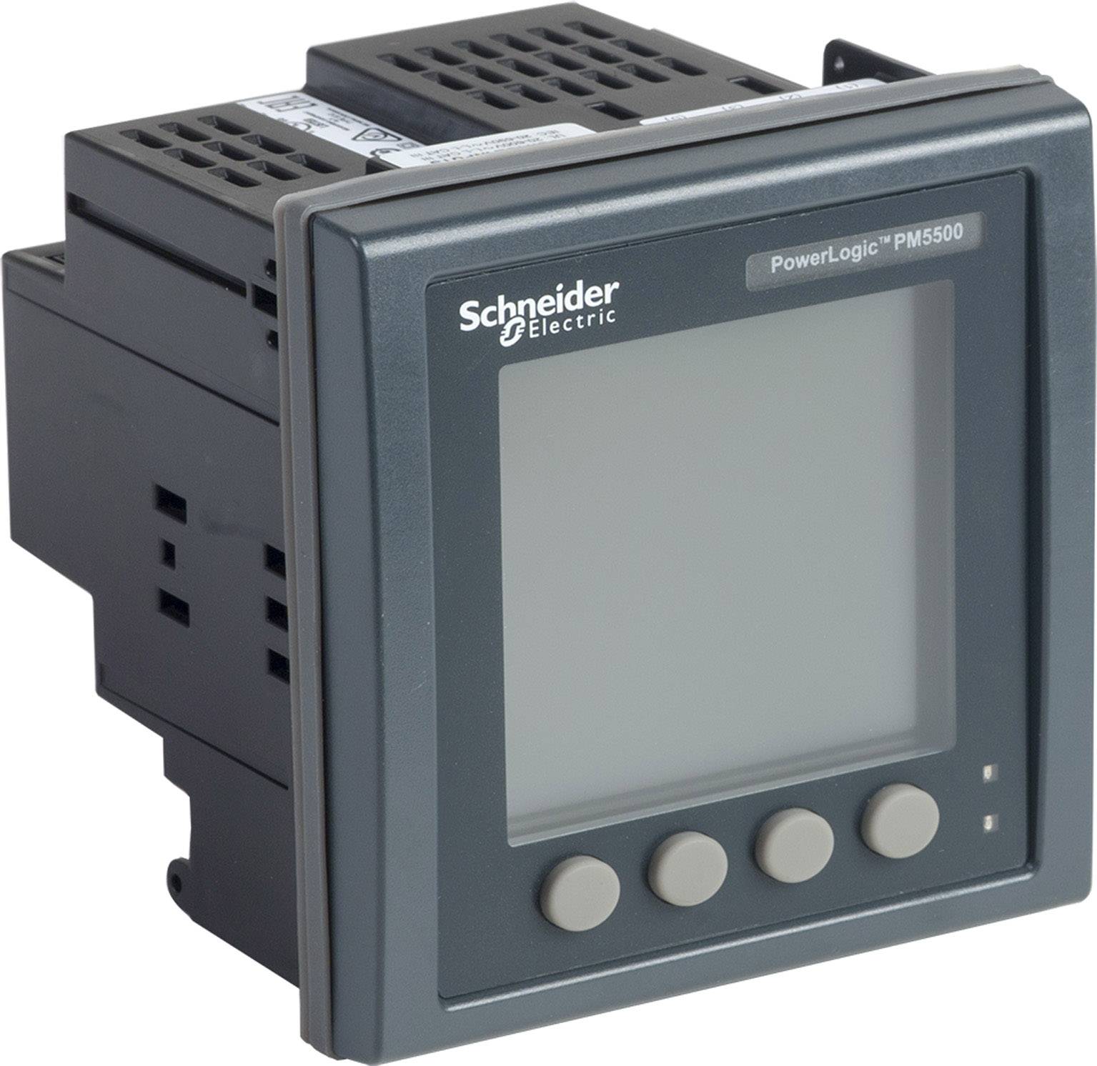 Een digitaal meettoestel van Schneider Electric, model PowerLogic PM5500, met een grijs behuizing en vier toetsen aan de voorkant.