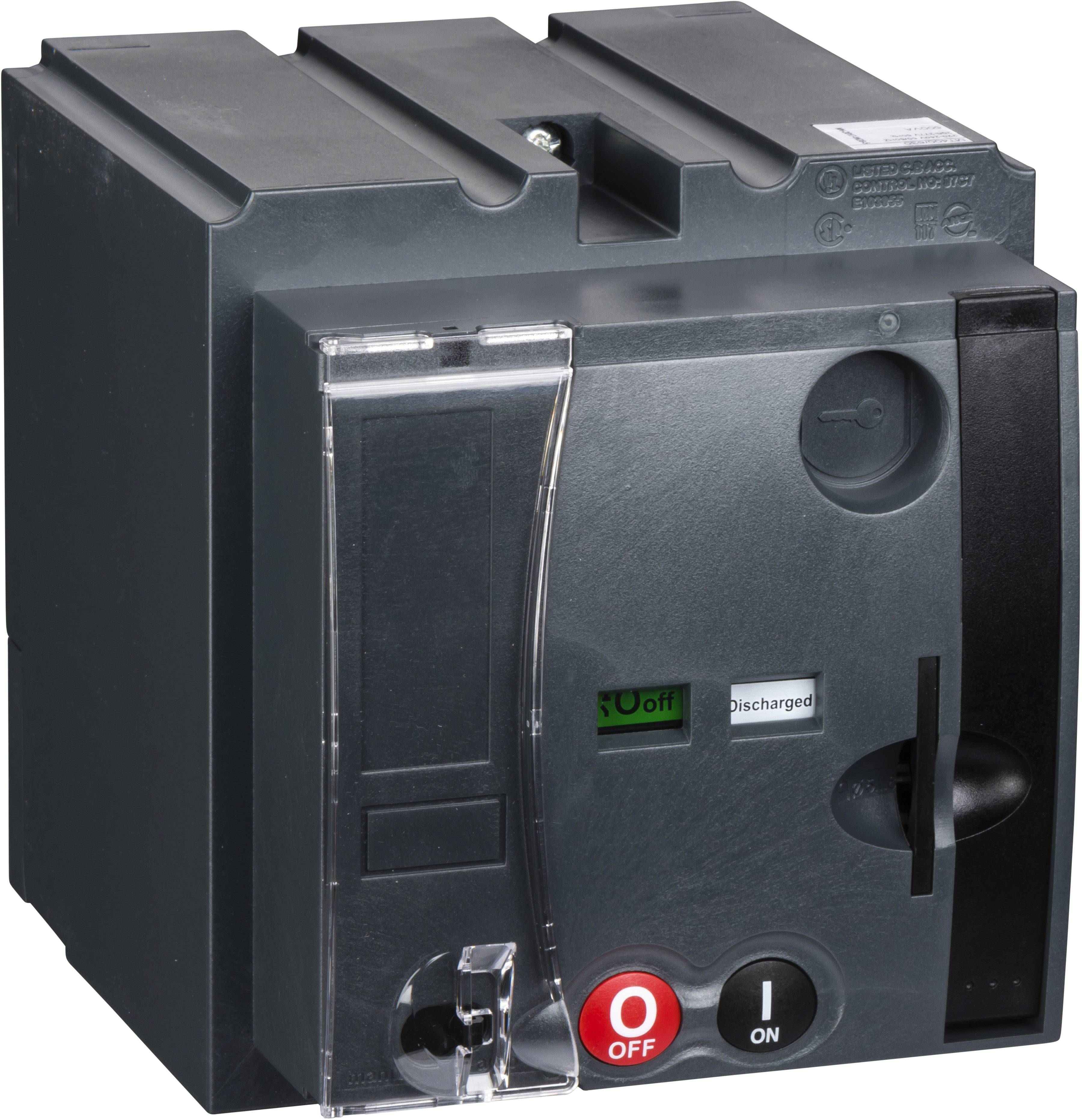 Zwarte vermogensschakelaar met rode en zwarte schakelaar aan de voorkant, omgeven door een grijze behuizing.