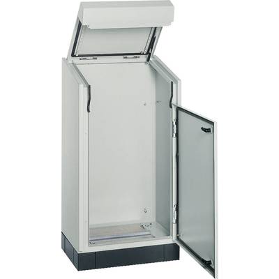 Witte, geopende metalen kast met een opklapbare bovenafdekking en een zijdeur. Van binnen leeg.