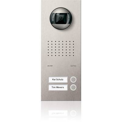 Een moderne deurbel-installatie met camera, luidspreker en twee belknoppen, gemarkeerd met 'Kai Schulz' en 'Tim Wevers'.