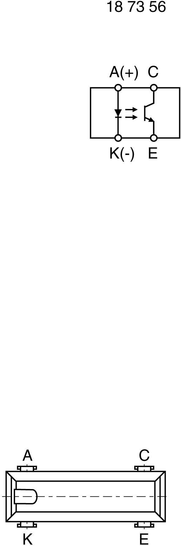 Schakelschema en technische tekening van een diode met aansluitingen: A (Anode), K (Kathode), C en E.