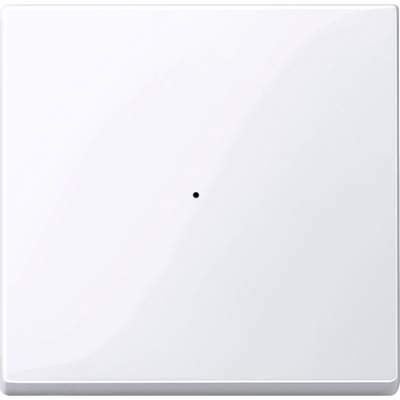 Een witte, vierkante lichtschakelaar met een klein zwart puntje in het midden, gemonteerd op een gladde oppervlakte.