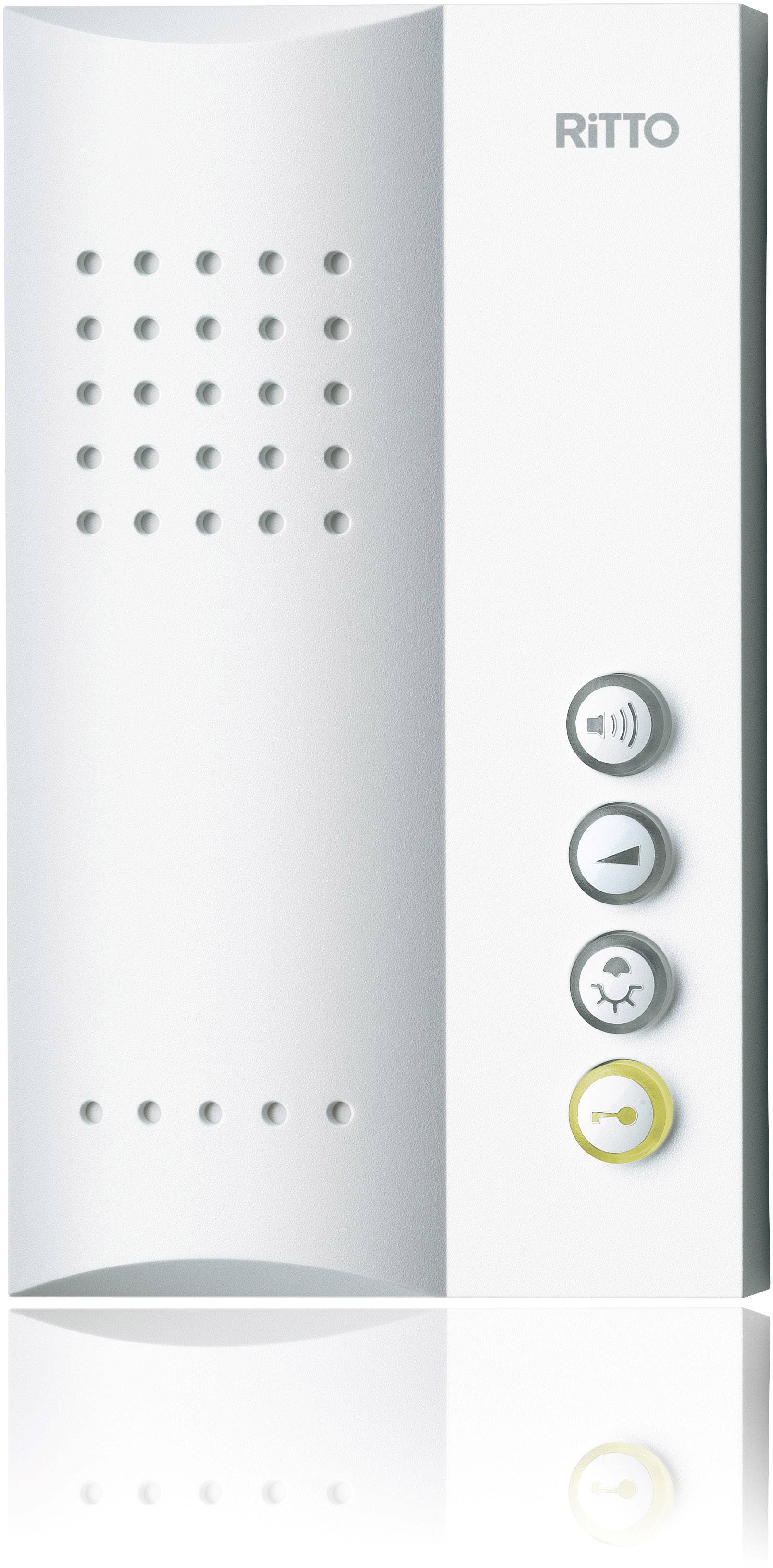 Witte intercom met vier knoppen voor volume, deuropening, beltoon dempen en verlichting, merk 'Ritto'.