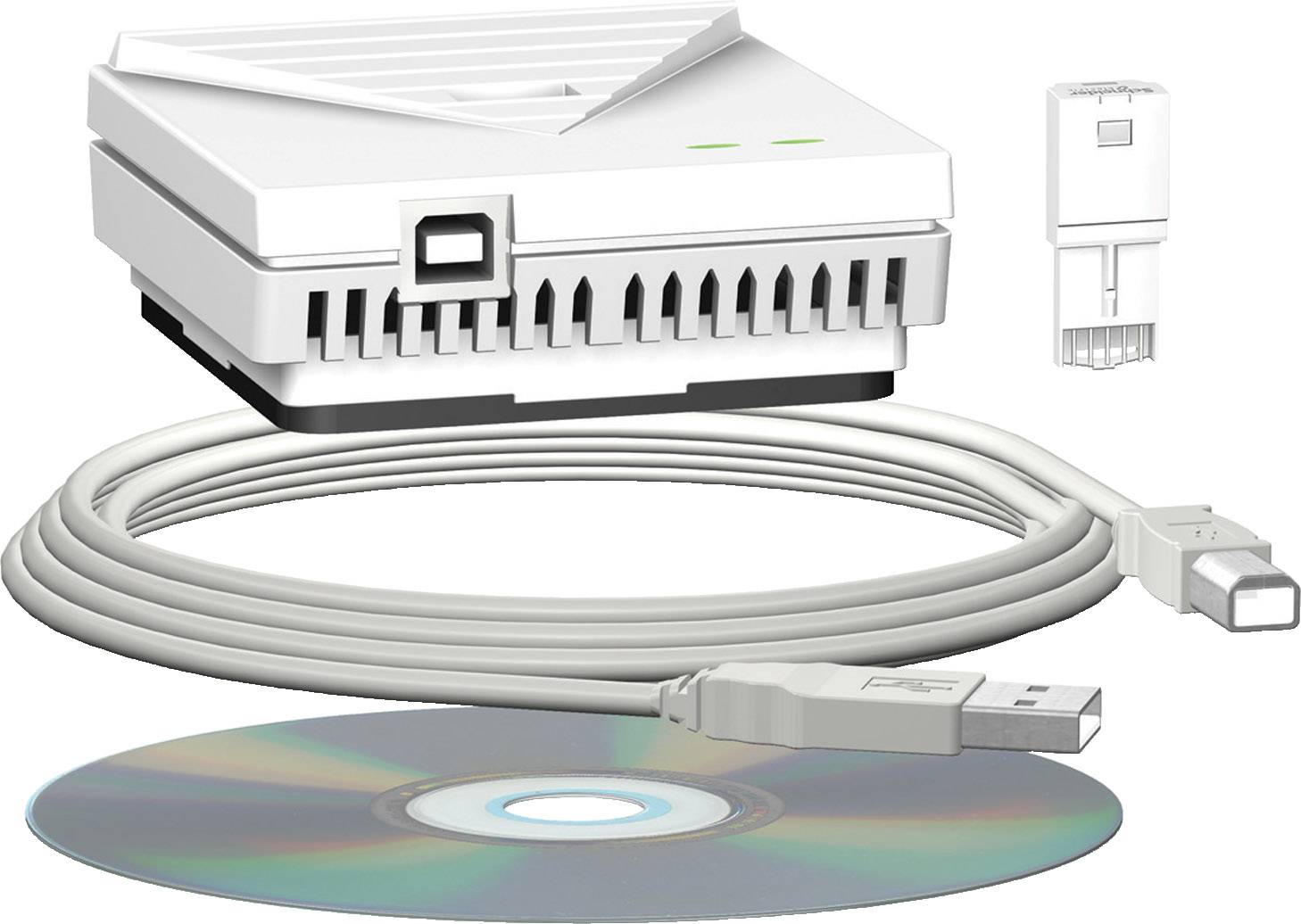 Witte USB-grafische kaart met kabel, adapter en software-cd. Compact ontwerp, geschikt voor desktop-visualisatiedoeleinden.