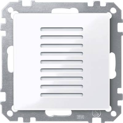Witte ventilatieplaat met horizontale sleuven, gemonteerd in een metalen behuizing, tegen een neutrale achtergrond.