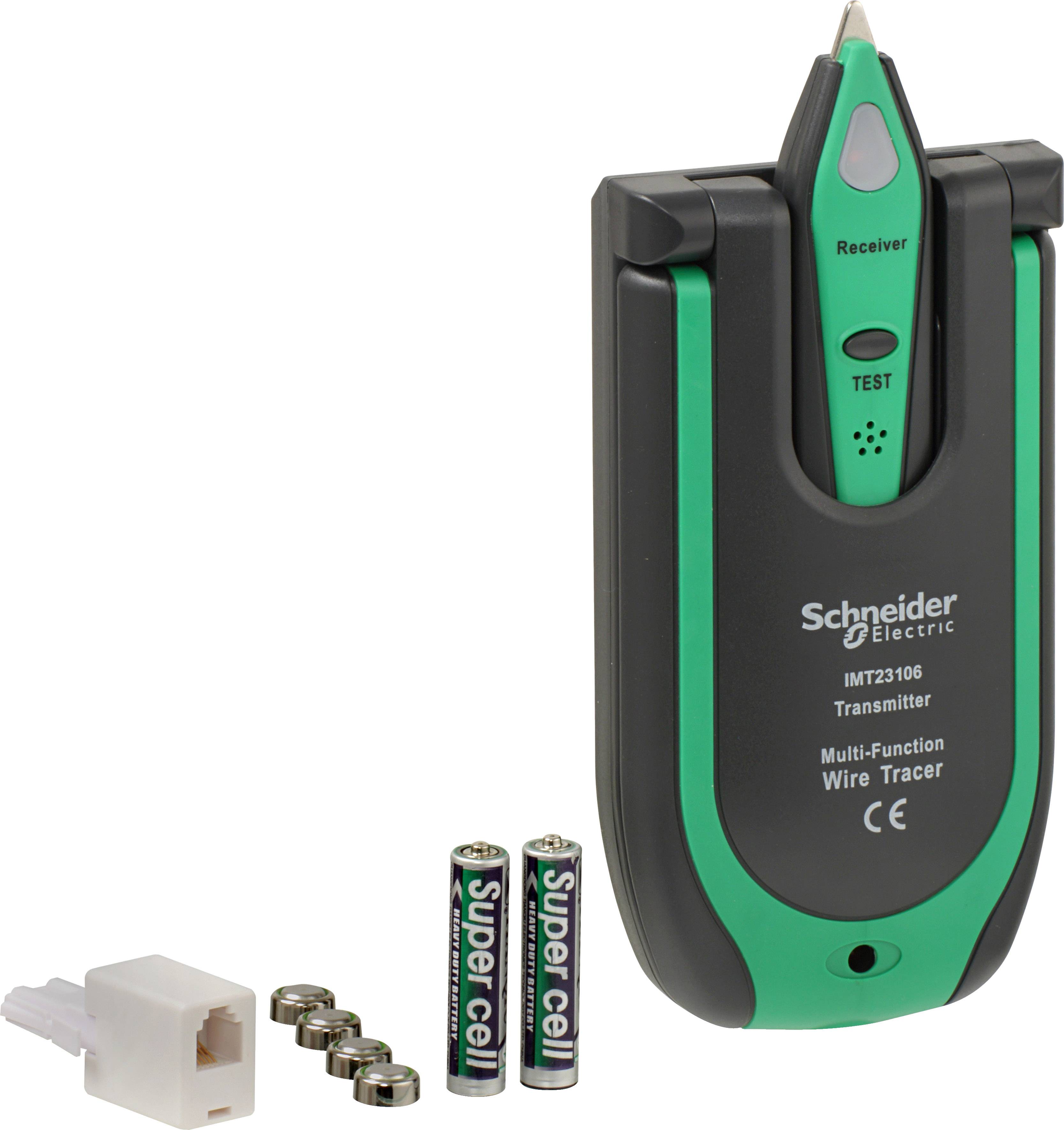 'Schneider Electric Multifunctionele Draadzoeker' apparaat, met batterijen en een connector, voor kabeltracing en -inspectie.