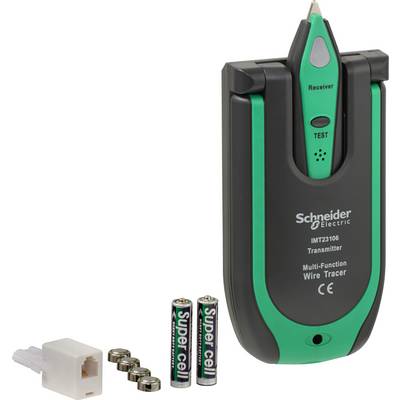 'Schneider Electric Multifunctionele Draadzoeker' apparaat, met batterijen en een connector, voor kabeltracing en -inspectie.