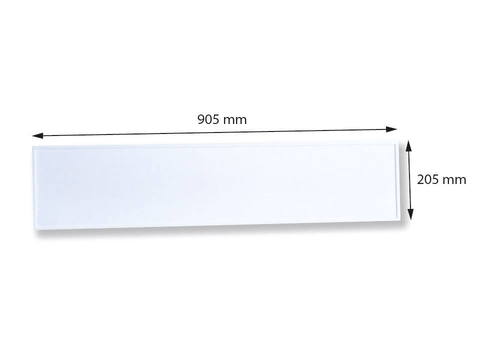 Witte rechthoekige plaat met afmetingen van 905 mm lengte en 205 mm breedte, horizontaal georiënteerd.