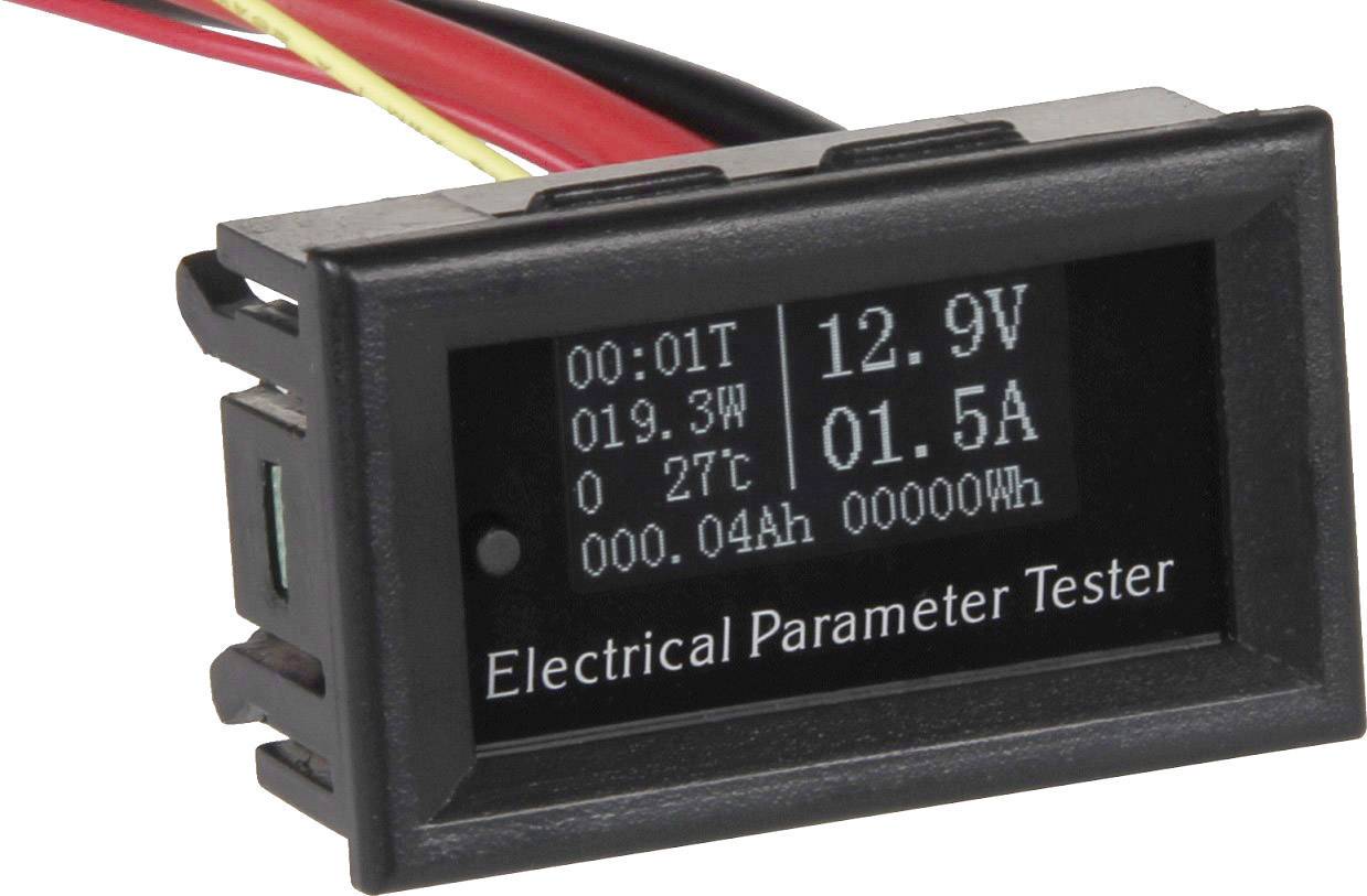 Elektronisch apparaat met display: '12.9V', '019.3W', '1.5A', temperatuur '27°C', aangeduid als 'Elektrische Parameters Tester', toont elektrische meetwaarden.