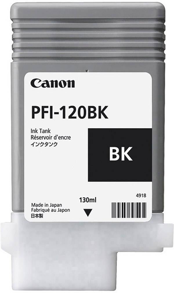 Grijze inktcartridge met opschrift 'PFI-120BK' en '130ml'. Merk: Canon. Bevat zwarte inkt.