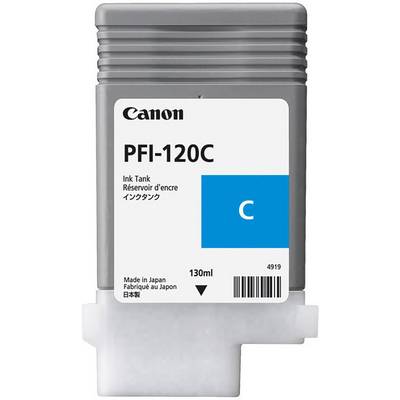Grijze inktcartridge met blauwe etiketkleur, merk en modelnummer 'PFI-120C', 130 ml capaciteit, vervaardigd in Japan.
