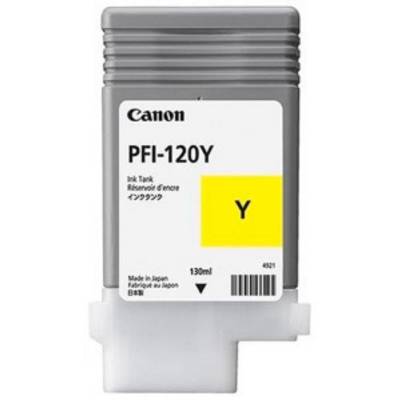 Een grijze patroon met het opschrift 'Canon PFI-120Y' en een geel etiket. Inhoud 130 ml, geproduceerd in Japan.