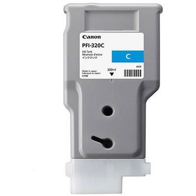 Grijze Canon inktcartridge PFI-320C met blauw C-label. Inhoud 300 ml.