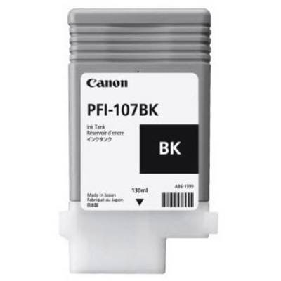 Inktcartridge voor Canon, model PFI-107BK, zwart, 130ml, 'Made in Japan', met Engelse en Japanse opschriften.