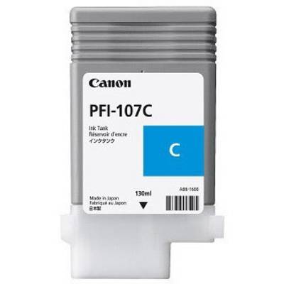 Grijze inktcartridge met opdruk 'Canon PFI-107C', bevat cyaanblauwe inkt, 130 ml, vervaardigd in Japan.