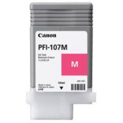 Grijze inktcartridge met de tekst 'PFI-107M' en een roze M. Merk: Canon, inkttype: Magenta.