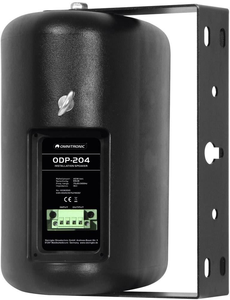 Een cilindrische zwarte luidspreker met de opdruk 'Omnitronic ODP-204 Installation Speaker', gemonteerd aan een metalen beugel.