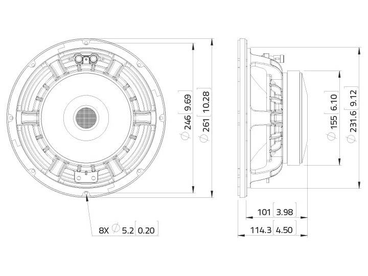 Technische tekening van een ronde luidspreker met afmetingen. Vooraanzicht en zijaanzicht tonen diameter en diepte voor inbouwdoeleinden.