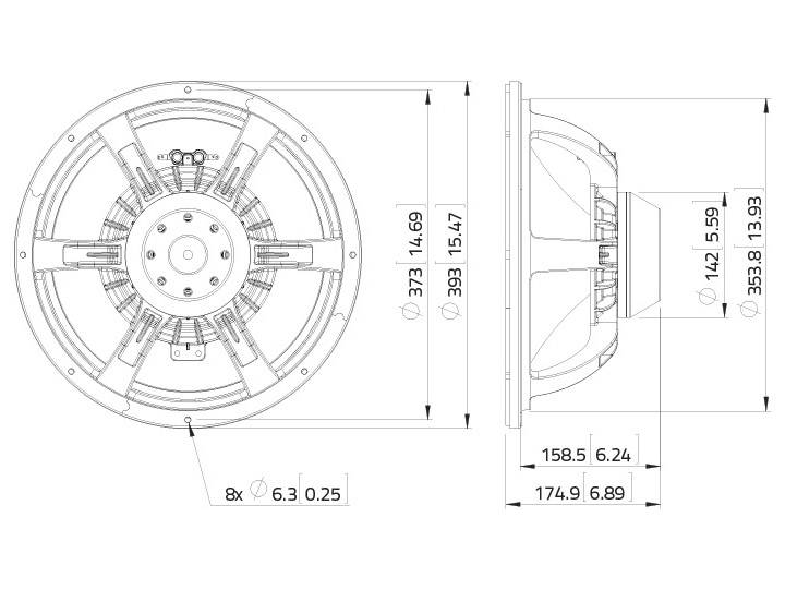 Technische tekening van een luidspreker, toont vooraanzicht en zijaanzichten met gedetailleerde afmetingen en specificaties.