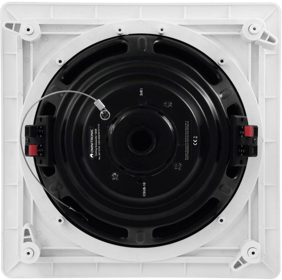 Een vierkante, witte ventilator met zwarte middenafdeking, kabelverbinding, montageframe en rode elementen aan de zijdelingse klemmen.