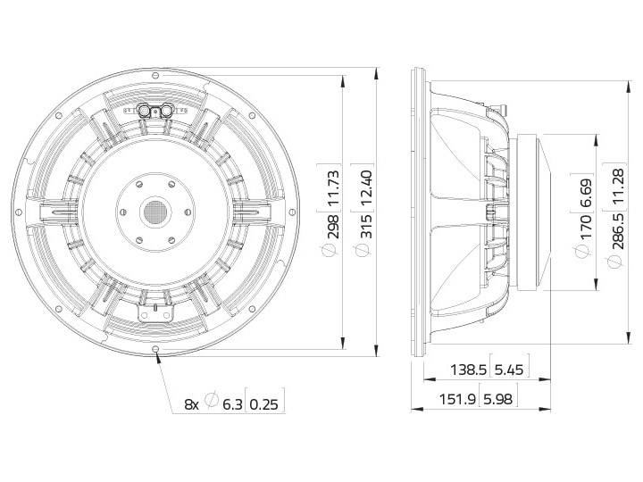 Technische tekening van een luidspreker in bovenaanzicht en zijaanzicht. Bevat afmetingen in millimeters voor diameter en diepte.