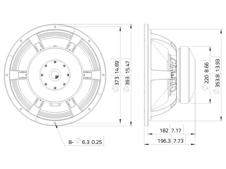 Technische tekening van een ronde luidspreker in voor- en zijaanzicht met afmetingen in millimeters en inches.