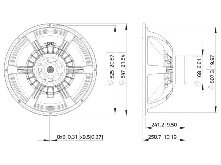 Technische tekening van een luidspreker. De tekening toont de voor- en zijaanzicht met gedetailleerde afmetingen in millimeters.