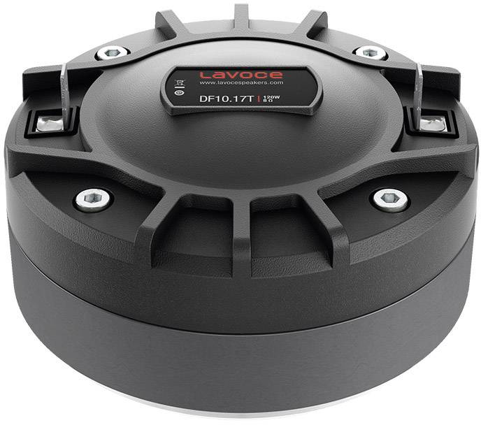 Een zwarte luidspreker van Lavoce, model DF10.17T, met een diameter van 1,4 inch en een vermogen van 120 watt.