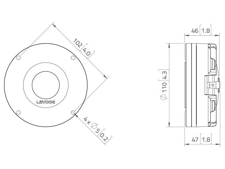 Technische tekening van een rond apparaat met diameter-aanduidingen van 102 mm en 110 mm. Doorsnede toont dikte van 46 mm en 47 mm.