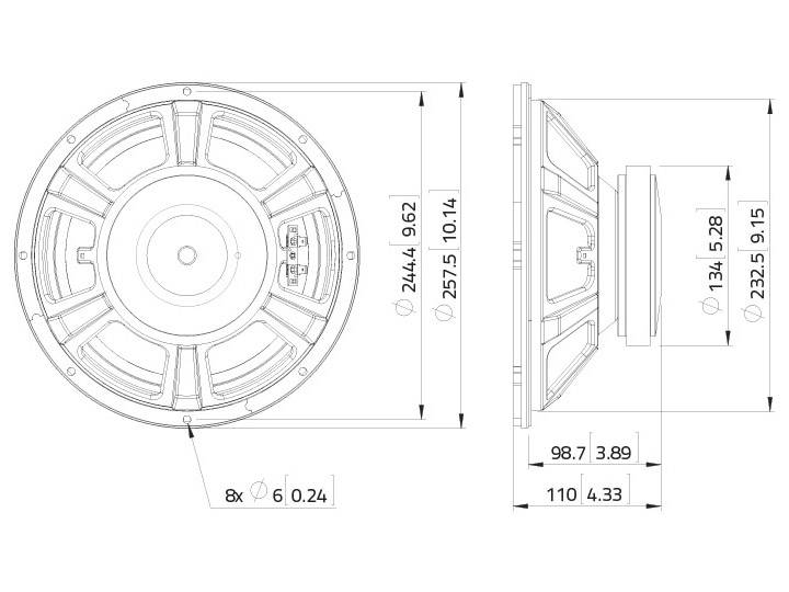 Technische tekening van een luidspreker met twee aanzichten: bovenaanzicht, zijaanzicht. Afmetingen weergegeven in millimeters en inches.