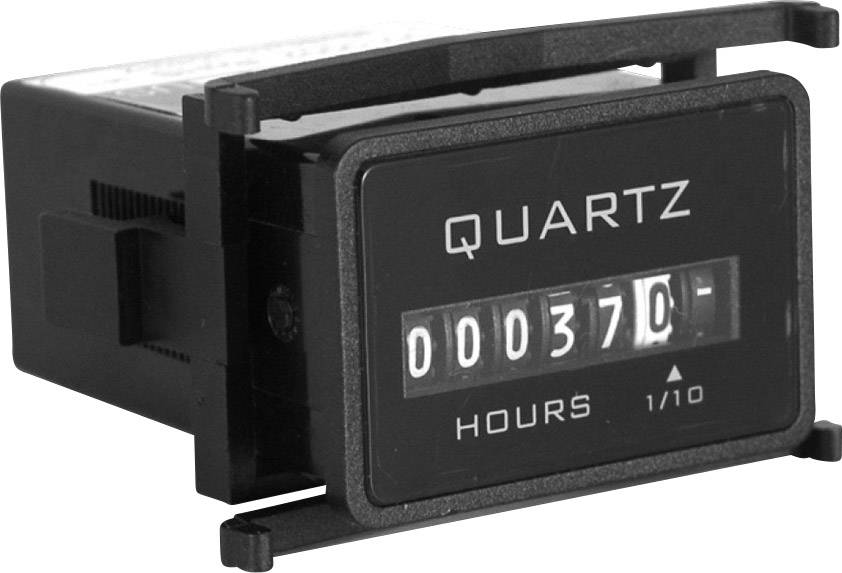 Een zwarte bedrijfsuurmeter toont '370' uren op een digitaal display. Tekst 'QUARTZ' bovenaan het scherm.
