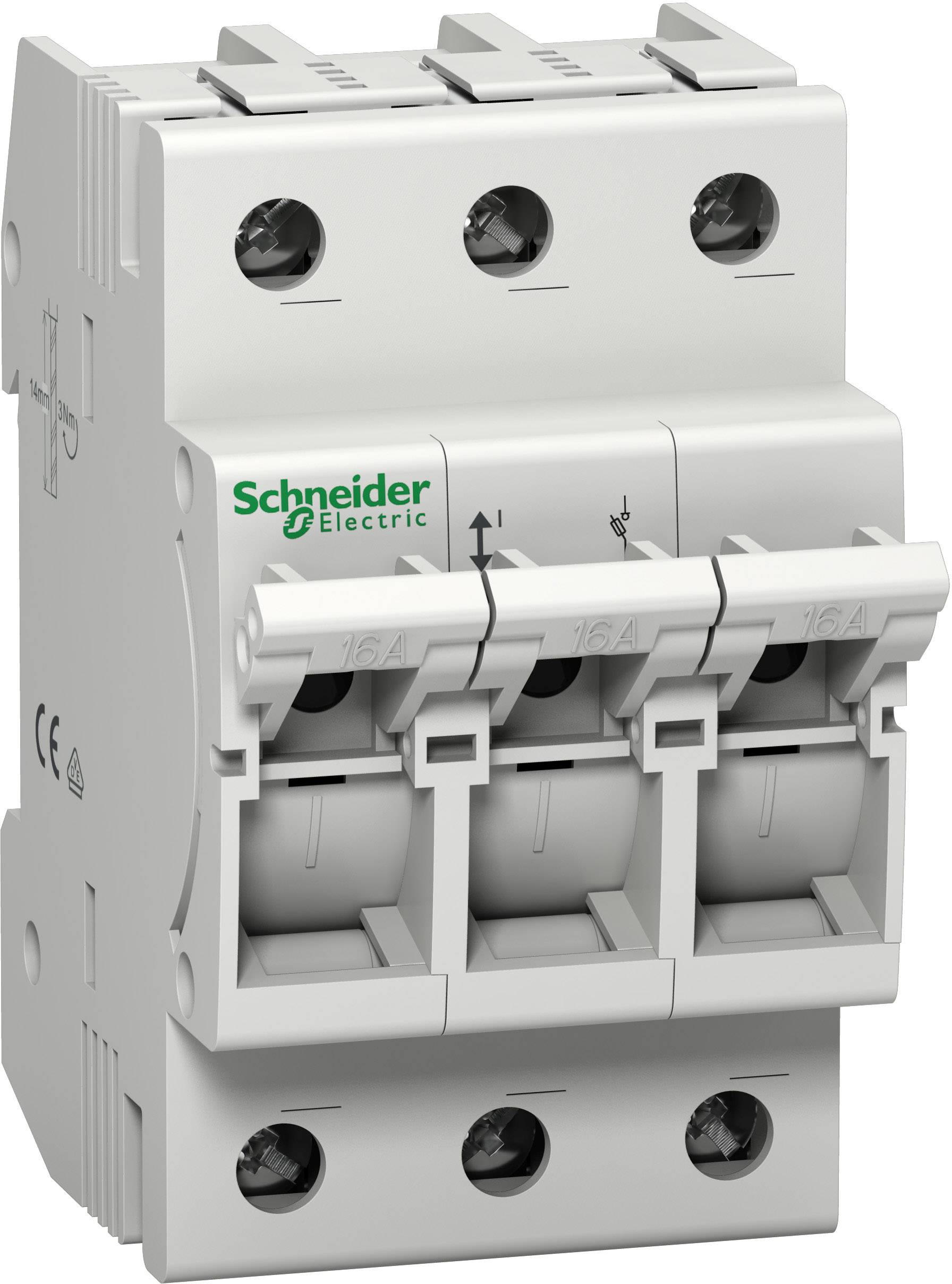Een driepolige installatieautomaat van Schneider Electric voor de beveiliging van elektrische stroomkringen, gekenmerkt door '16A'.