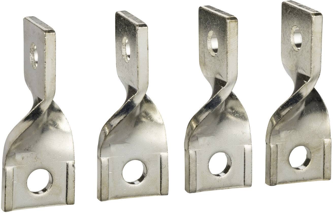 Vier metalen, rechthoekige bevestigingsklemmen op een rij, elk met twee gaten voor schroefmontage.