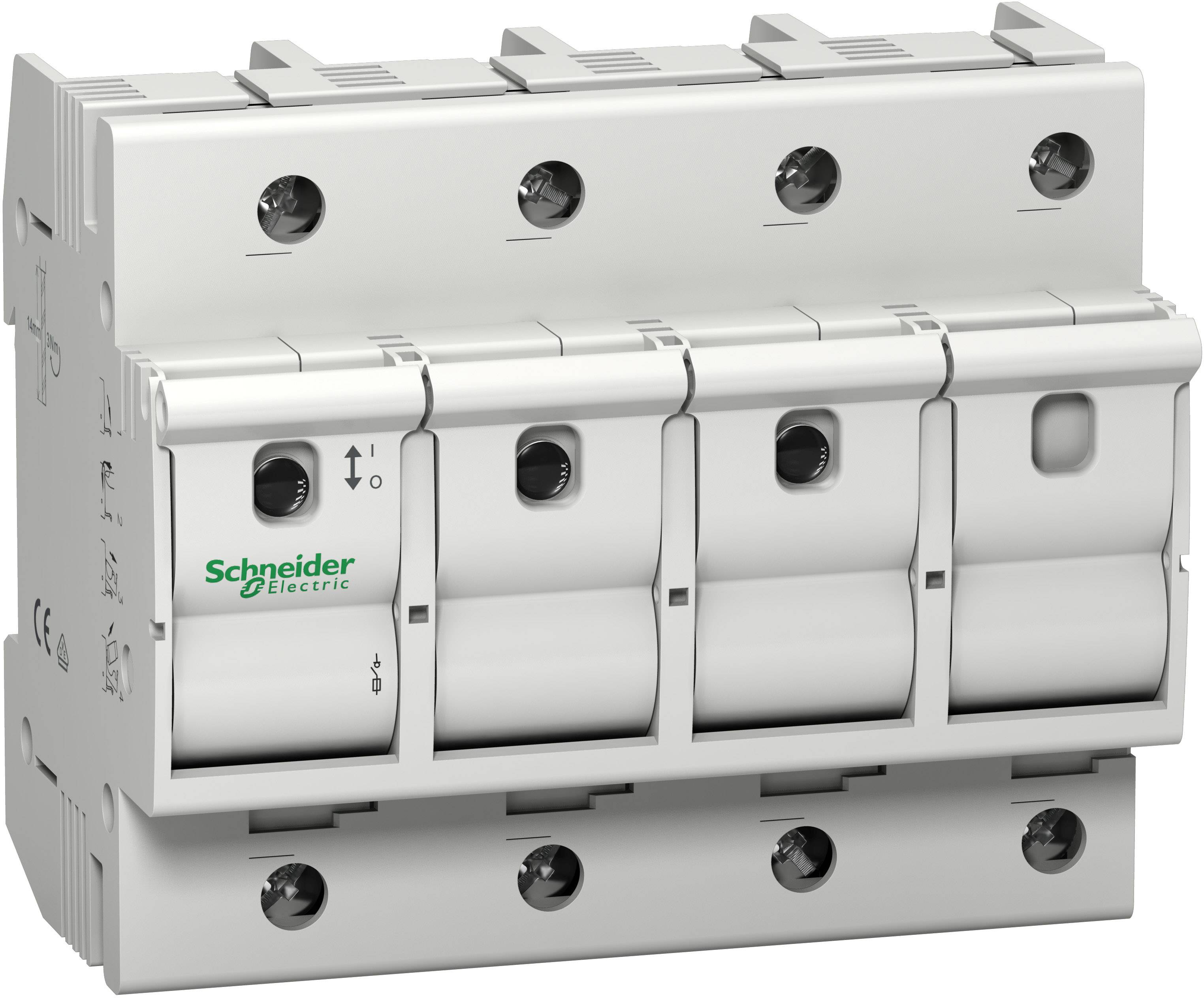 Een witte, vierpolige installatieautomaat van Schneider Electric. Geschikt voor gebruik in elektrische verdeelinstallaties.
