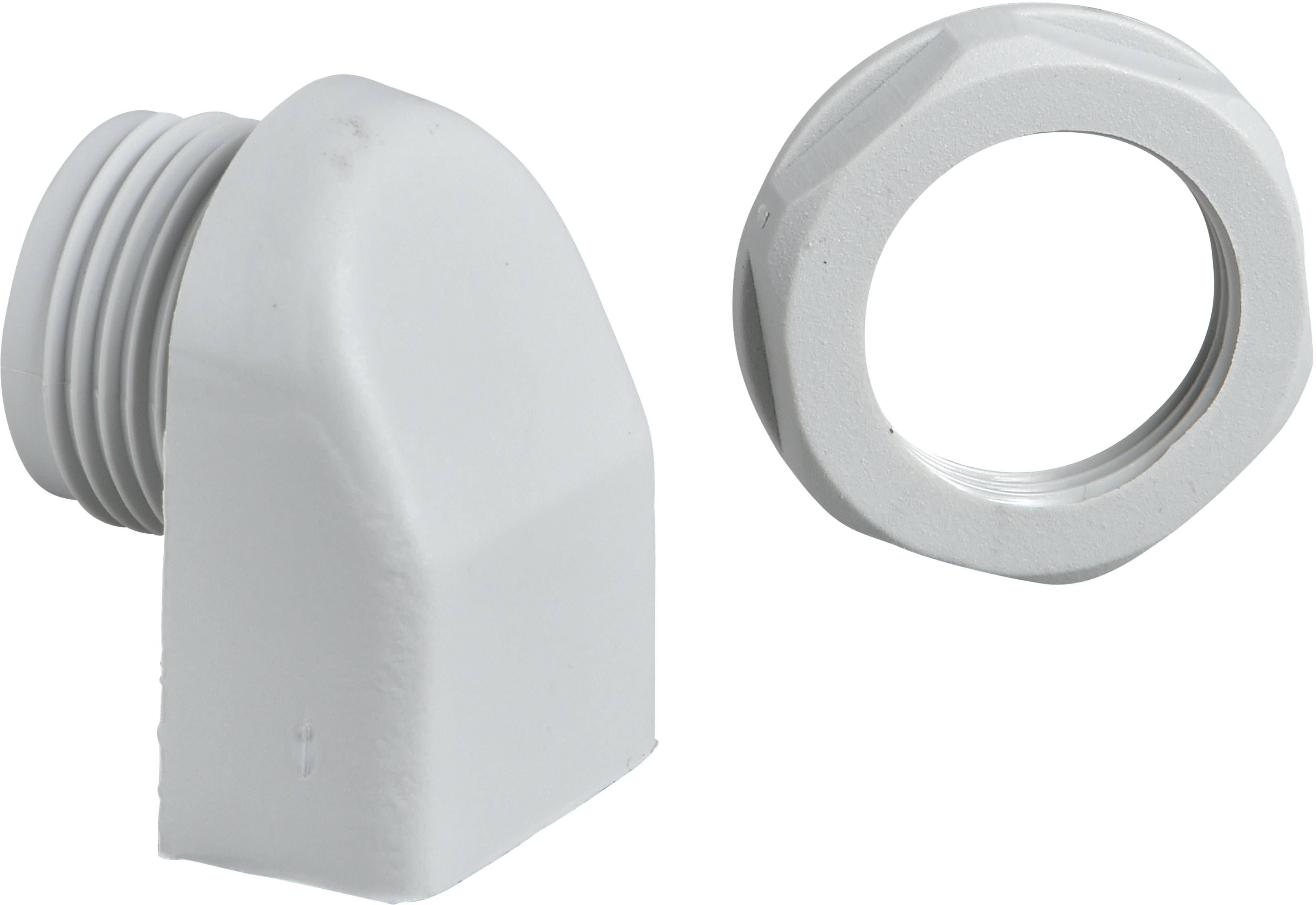 Een grijze kunststof hoekslang-adapter met twee verschillende aansluitingen, geschikt voor buisverbindingen en watersystemen.