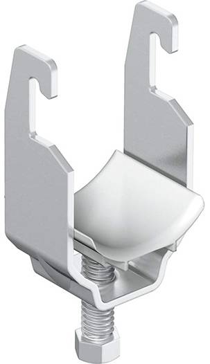 Metalen kabelklem met U-vormig ontwerp en schroefbevestiging, gebruikt voor het bevestigen van kabels aan draagconstructies.