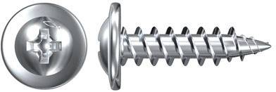 Twee aanzichten van een zilveren metalen schroef: vooraanzicht met kruiskopinzet en zijaanzicht met een scherpe, schroefdraad dragende steel.