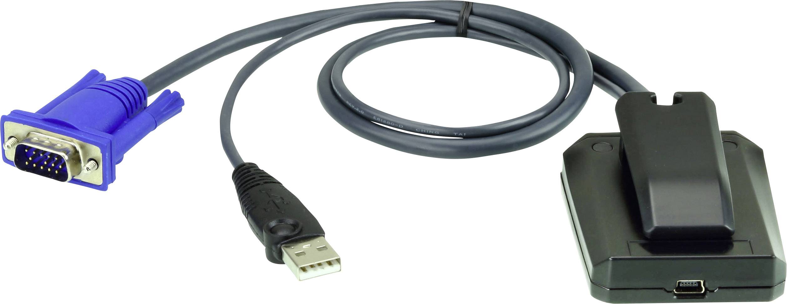 Een kabel met een blauwe VGA-stekker, een USB-stekker en een apparaat met een clip. Geschikt voor het aansluiten van monitoren of projectoren.
