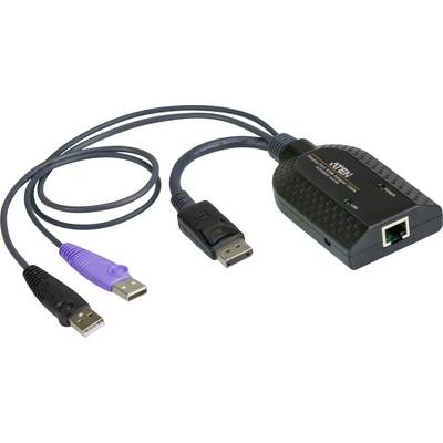 Een KVM-adapter-converter met HDMI-, USB- en Ethernet-aansluitingen. De uiteinden van de kabels hebben verschillende kleuren voor USB en HDMI.