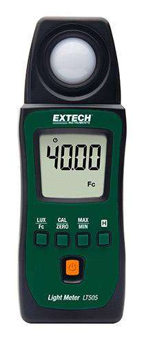 Digitale luxmeter met '40.00 Fc' weergave op een groen display. Bovenaan een sensor voor lichtmeting. Merk is Extech LT505.