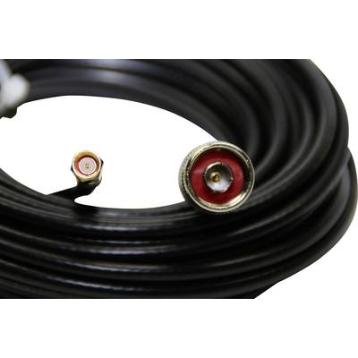 Een opgerolde zwarte kabel met metalen stekkers aan beide uiteinden, geschikt voor elektronische of communicatieverbindingen.