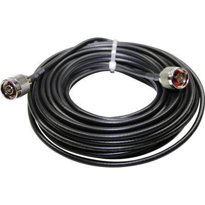 Lang, opgerold zwart kabel met metalen aansluitingen aan beide uiteinden, geschikt voor elektronische verbindingen.