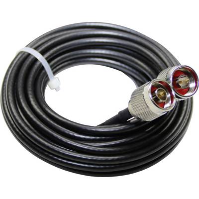 Zwart coaxkabel opgerold, met twee metalen aansluitingen aan één uiteinde, vastgemaakt met een kabelbinder.