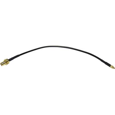 Een zwart kabel met gouden aansluitingen aan beide uiteinden, bedoeld voor het verbinden van antenne-componenten.